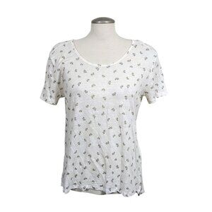 Womens Linen Top T Shirt Flower Print White Large Short Sleeve Light Breathable
